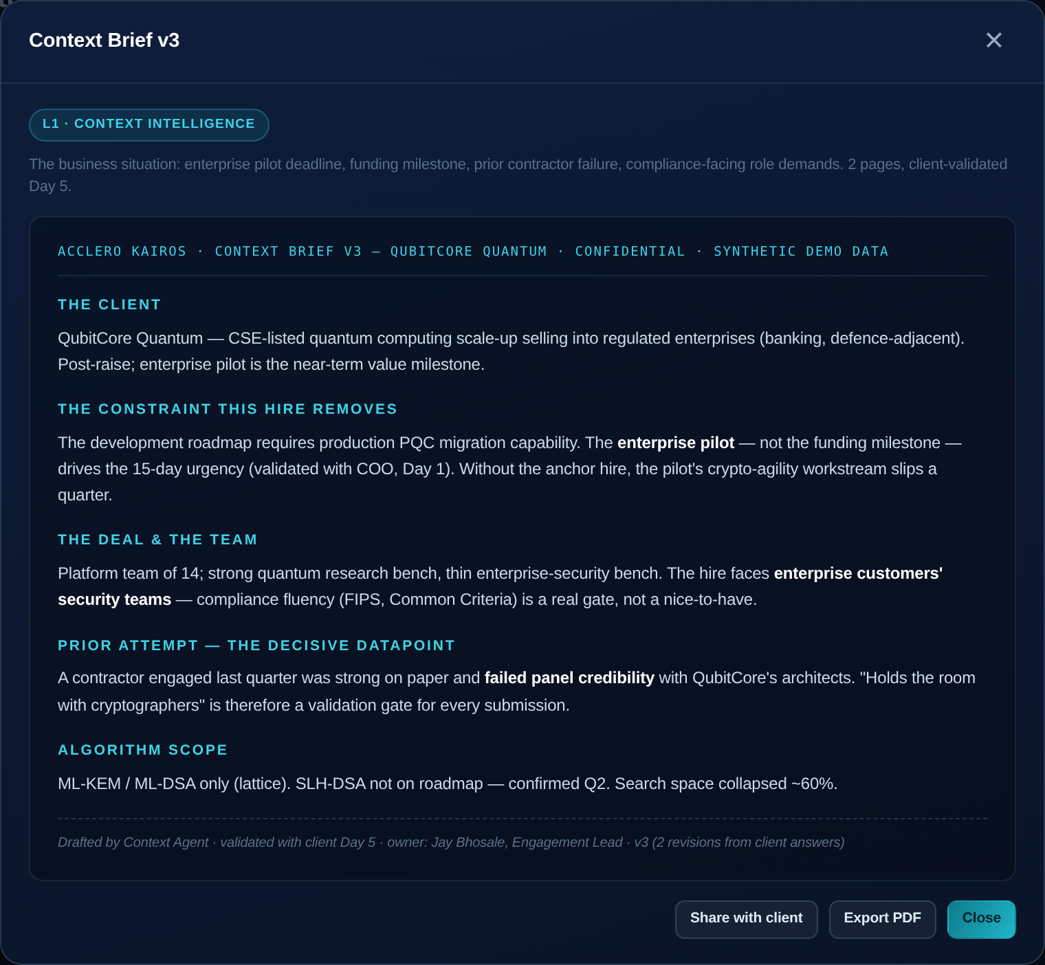 A candidate context brief and readiness view in Kairos
